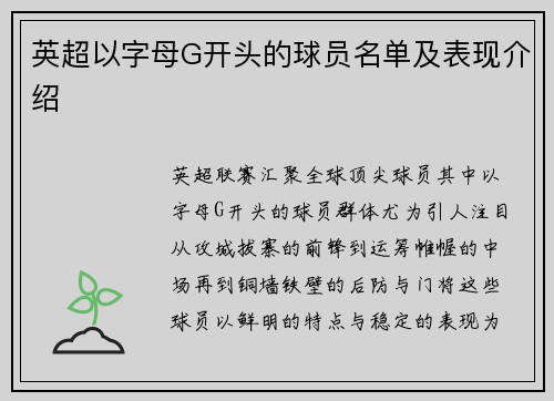 英超以字母G开头的球员名单及表现介绍