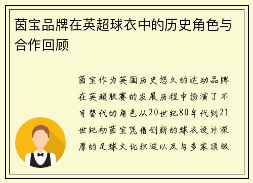 茵宝品牌在英超球衣中的历史角色与合作回顾